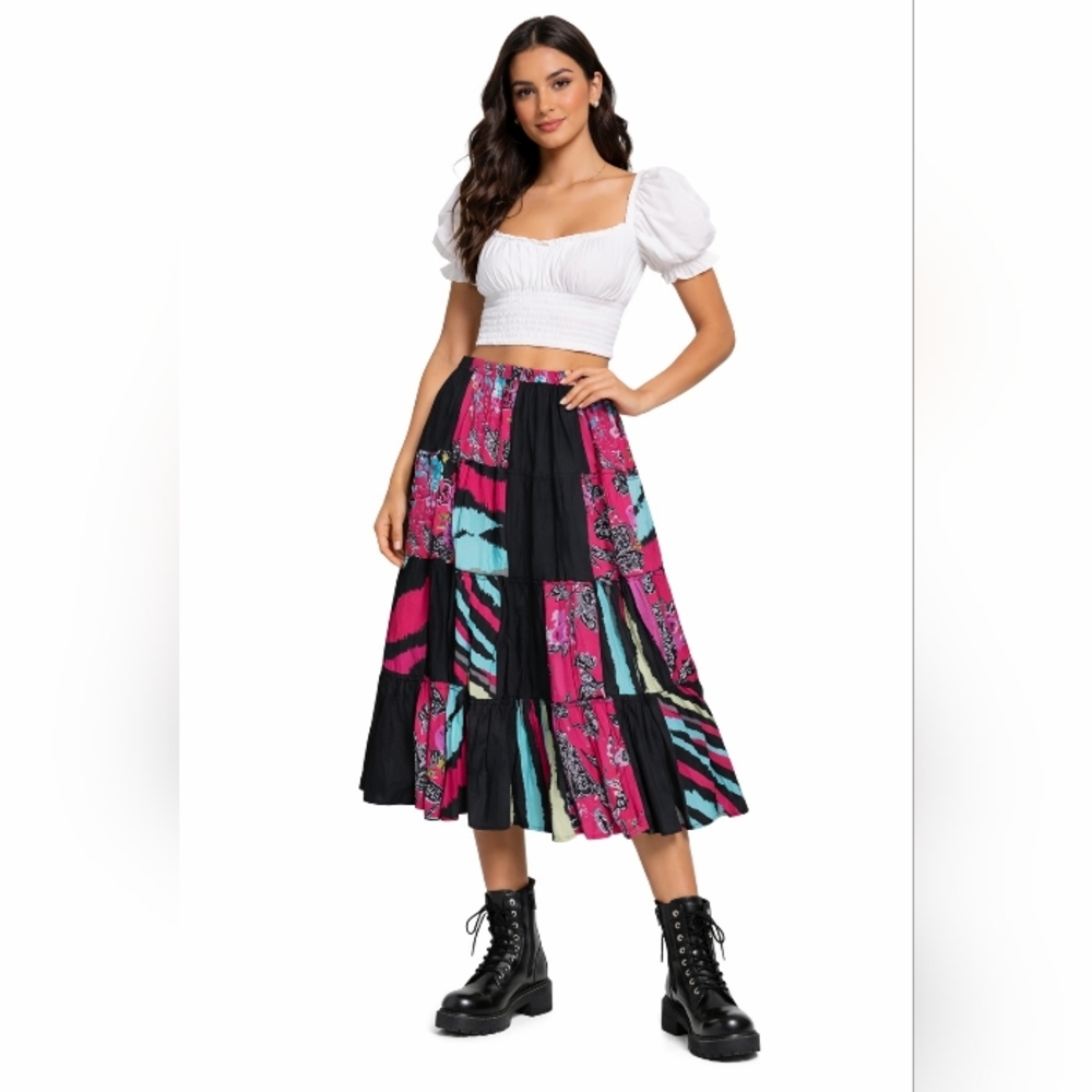 Bohemian Tiered Vibrant festival Vintage Skirt XL 100% Cotton Y2k Prairie